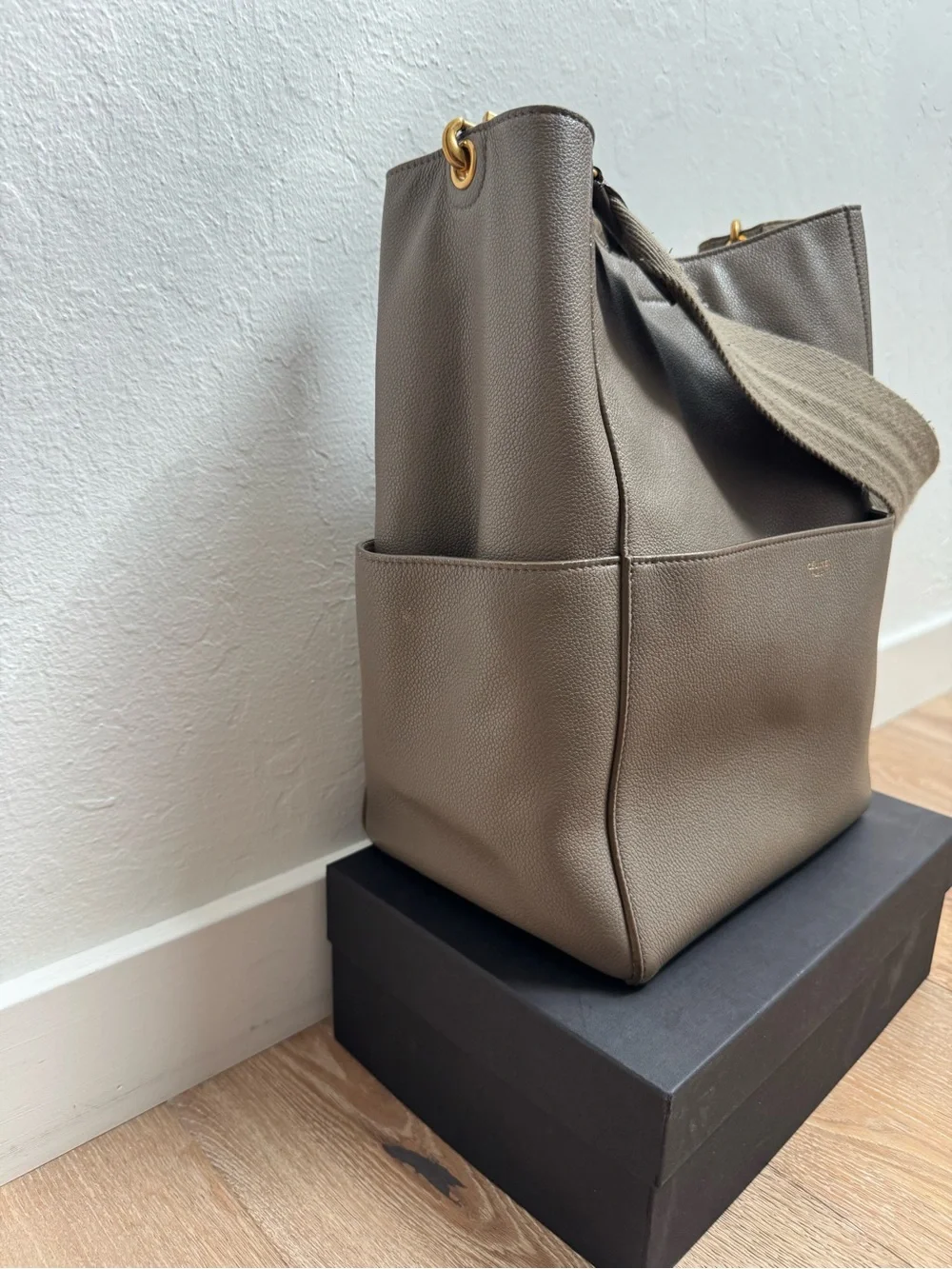 Authentic Celine Medium Sangle Bucket Bag in Grained Calfskin (Taupe)